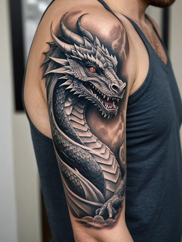 Detailed black and grey dragon tattoo sleeve, featuring intricate scales, horns, and a fierce expression, wrapping around the upper arm.