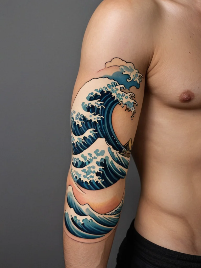 Japanese-style tattoo of Hokusai's 'The Great Wave' on the upper arm, featuring bold lines, blue hues, and a dynamic composition.
