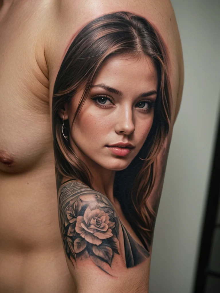 Realistic black and grey portrait tattoo of a woman with flowing hair and a rose on the shoulder, showcasing detailed shading.