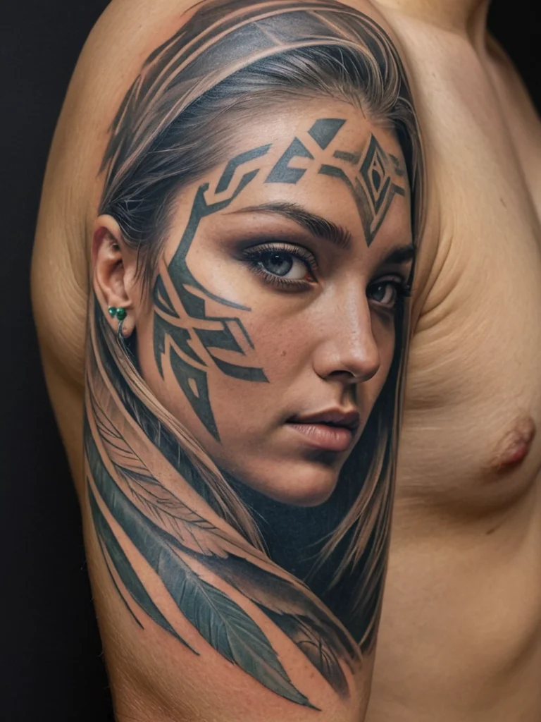 Black and grey portrait tattoo of a Native American woman with feather details and tribal markings on the upper arm.