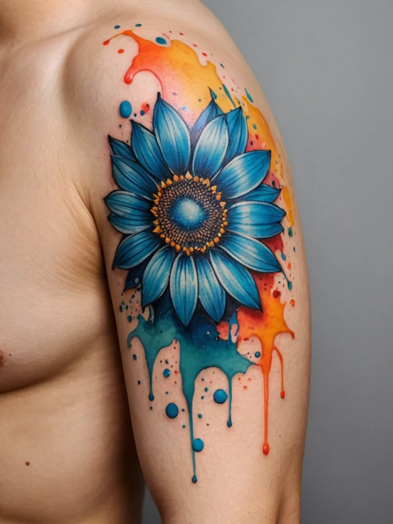 A colorful watercolor-style sunflower tattoo on a woman's shoulder, featuring bright blues, oranges, and yellows with dripping paint effects.