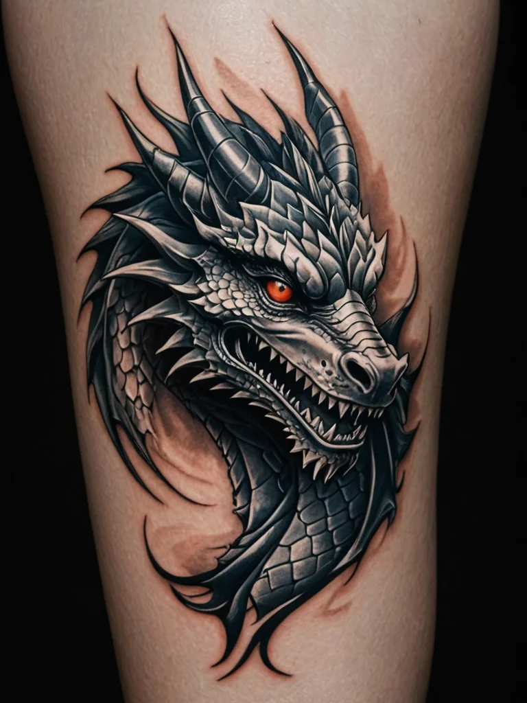 Realistic black and grey dragon head tattoo with orange eyes, wrapping around the calf.