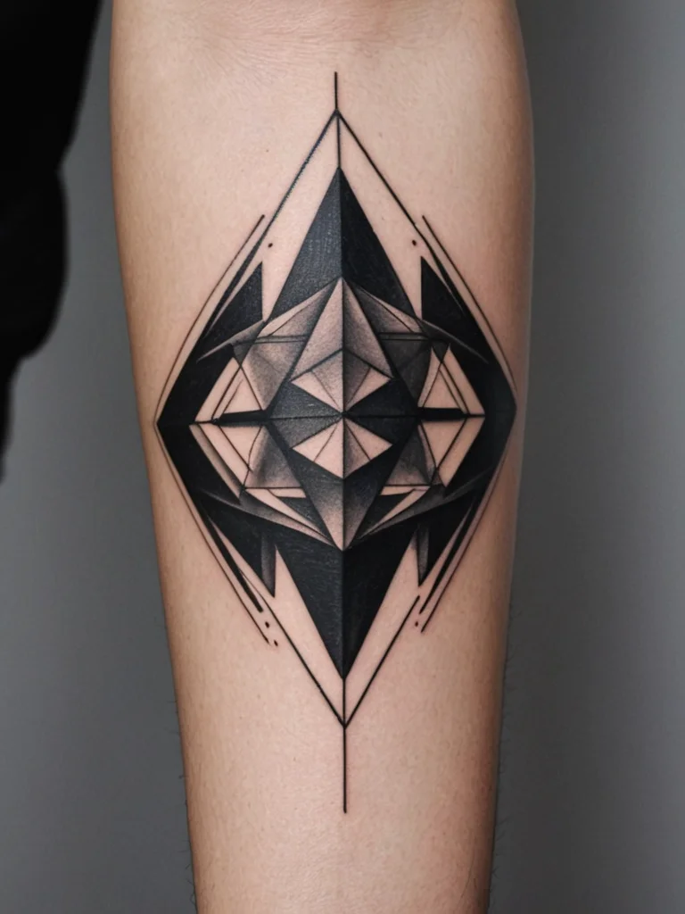 Blackwork geometric tattoo featuring a diamond-shaped design with optical illusion elements, placed on the outer thigh.