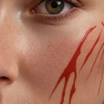 Red ink tattoo resembling claw marks or scars across the cheek and eye area of a woman's face, dramatic and artistic effect.