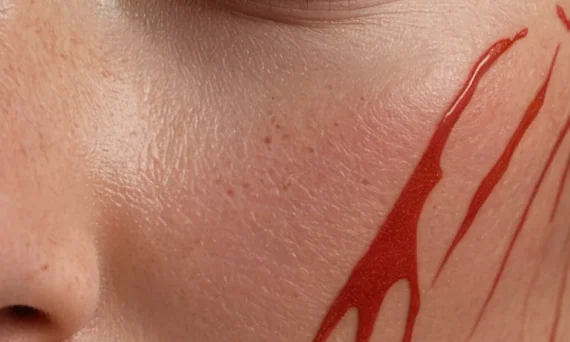 Red ink tattoo resembling claw marks or scars across the cheek and eye area of a woman's face, dramatic and artistic effect.