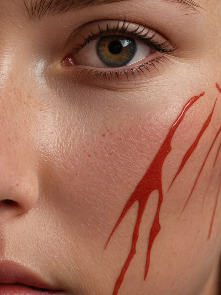 Red ink tattoo resembling claw marks or scars across the cheek and eye area of a woman's face, dramatic and artistic effect.