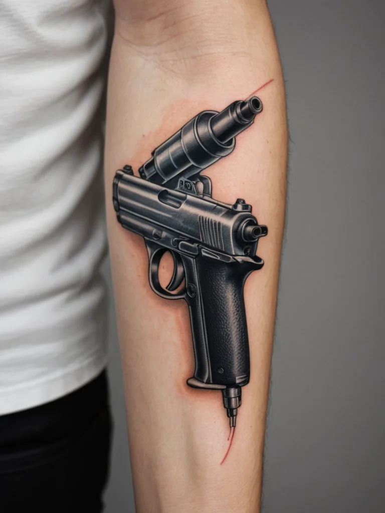Realistic black and grey tattoo of a pistol seamlessly merging into a tattoo machine, with subtle red accents, placed on the forearm. Surreal and illustrative style.