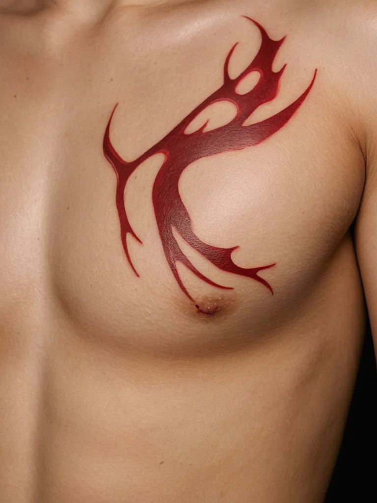Minimalist tattoo of an abstract flame-like shape in red ink, placed on the chest. Modern and abstract style.
