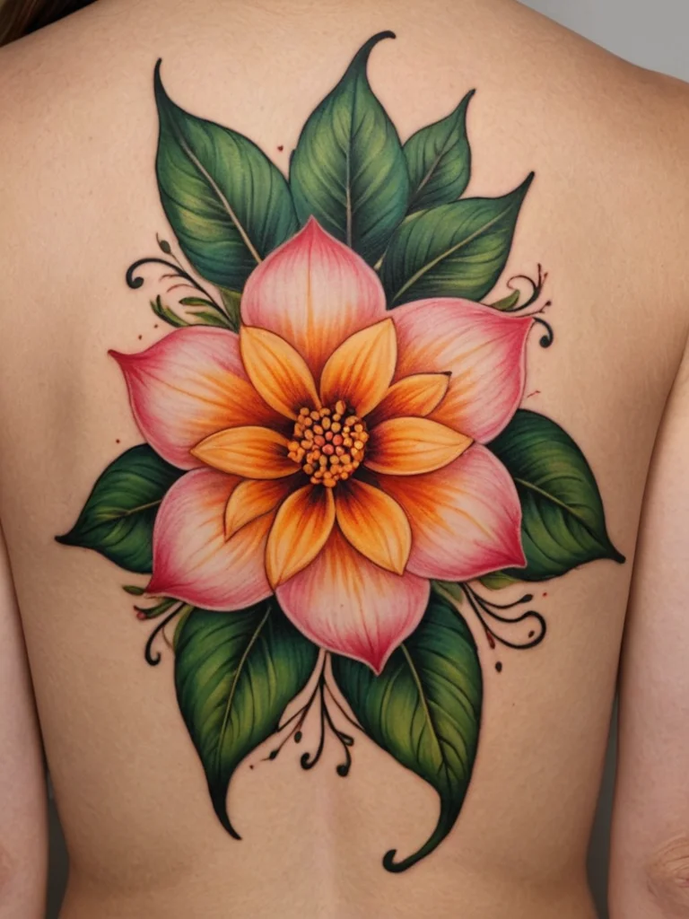 Large floral tattoo on the back, featuring a pink and orange flower surrounded by green leaves, with delicate shading and flowing lines.