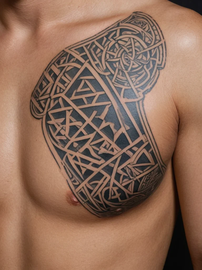 Intricate Celtic knotwork tattoo on the chest, featuring interwoven patterns and bold black lines, creating a shield-like design.