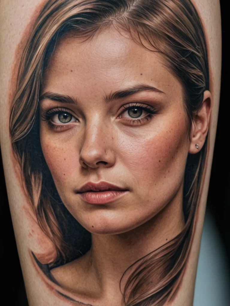 Hyperrealistic portrait tattoo of a woman with green eyes, detailed skin texture, and soft shading, placed on the upper arm. A stunning example of realism tattoo art.
