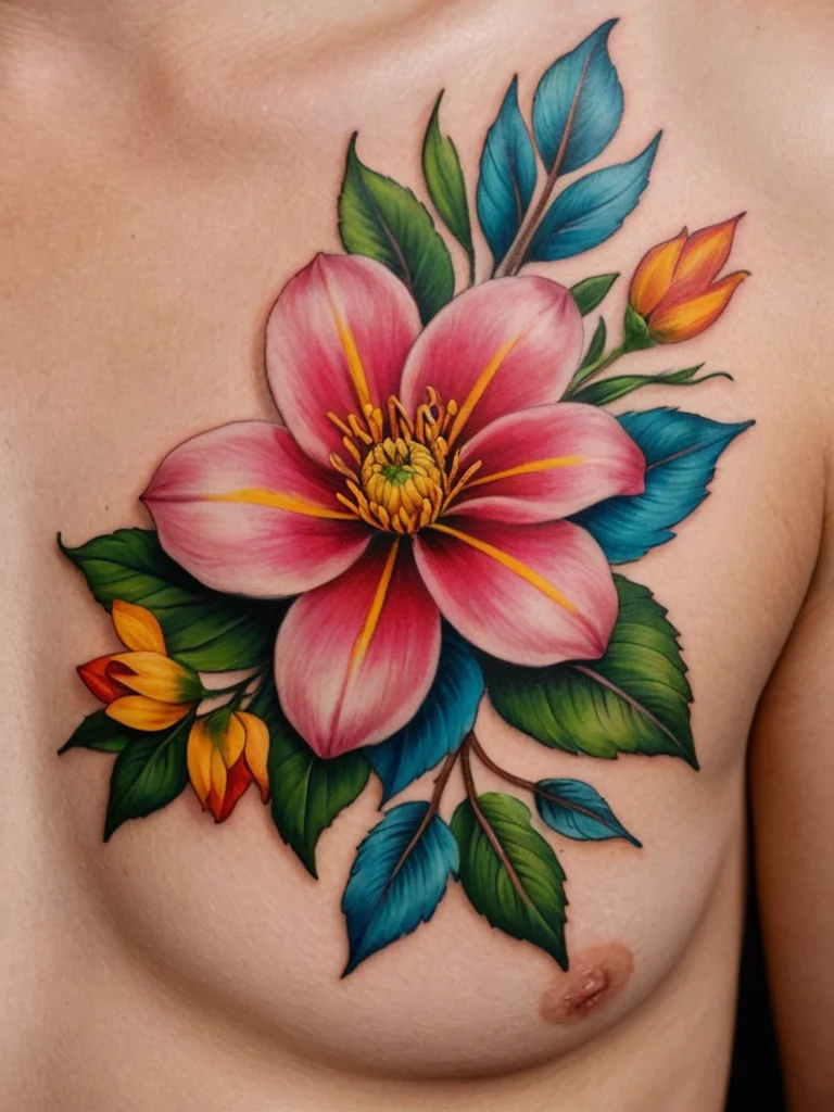 Colorful Neo-Traditional tattoo of a large pink flower with green leaves and yellow buds, placed on the chest. A beautiful and vibrant example of floral tattoo art.