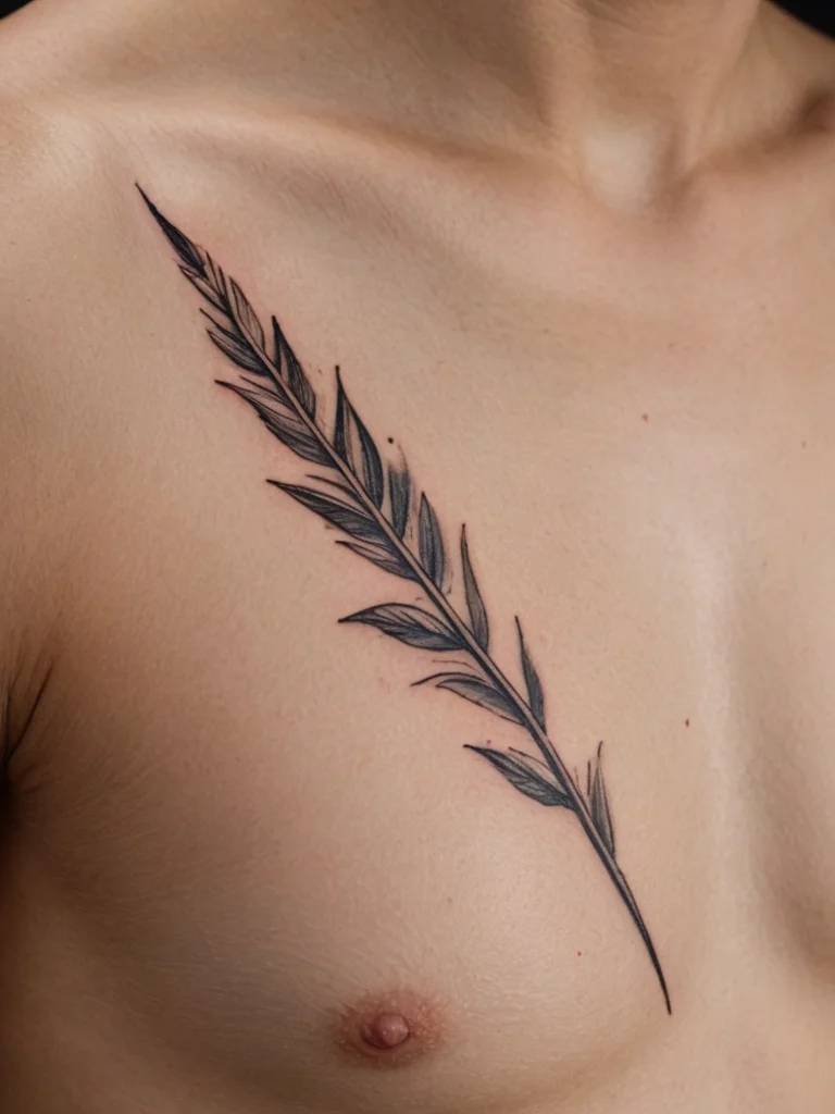 Delicate black linework tattoo of a fern frond, placed vertically on the chest, showcasing a minimalist and organic design.