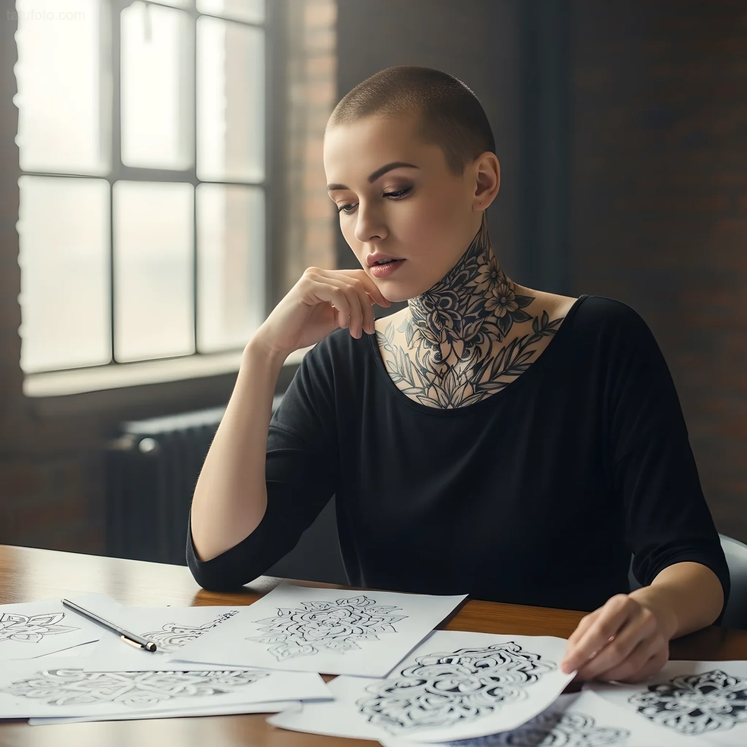 A woman with a shaved head and intricate blackwork floral neck tattoo examines tattoo designs, showcasing detailed ornamental ink ideas and artistic expression.