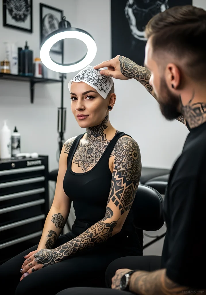 A woman with extensive blackwork mandala and ornamental tattoos on her neck, chest, and arms, gets a head tattoo stencil applied by an artist in a studio.