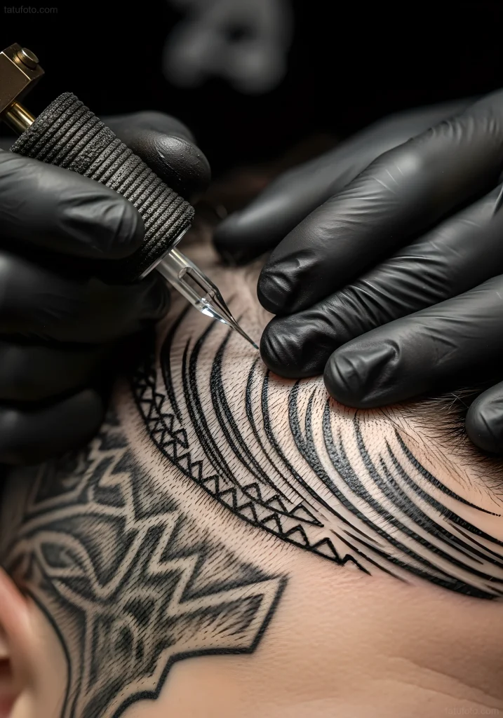 A close-up shot shows a tattoo artist's gloved hands precisely inking intricate black geometric and tribal patterns onto a shaved head, highlighting fine line work.