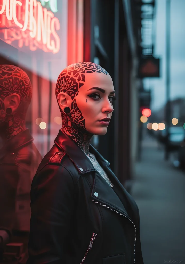 A woman with an elaborate blackwork geometric head and neck tattoo, wearing a leather jacket. This bold tattoo art showcases full scalp and neck ink ideas in an urban setting.