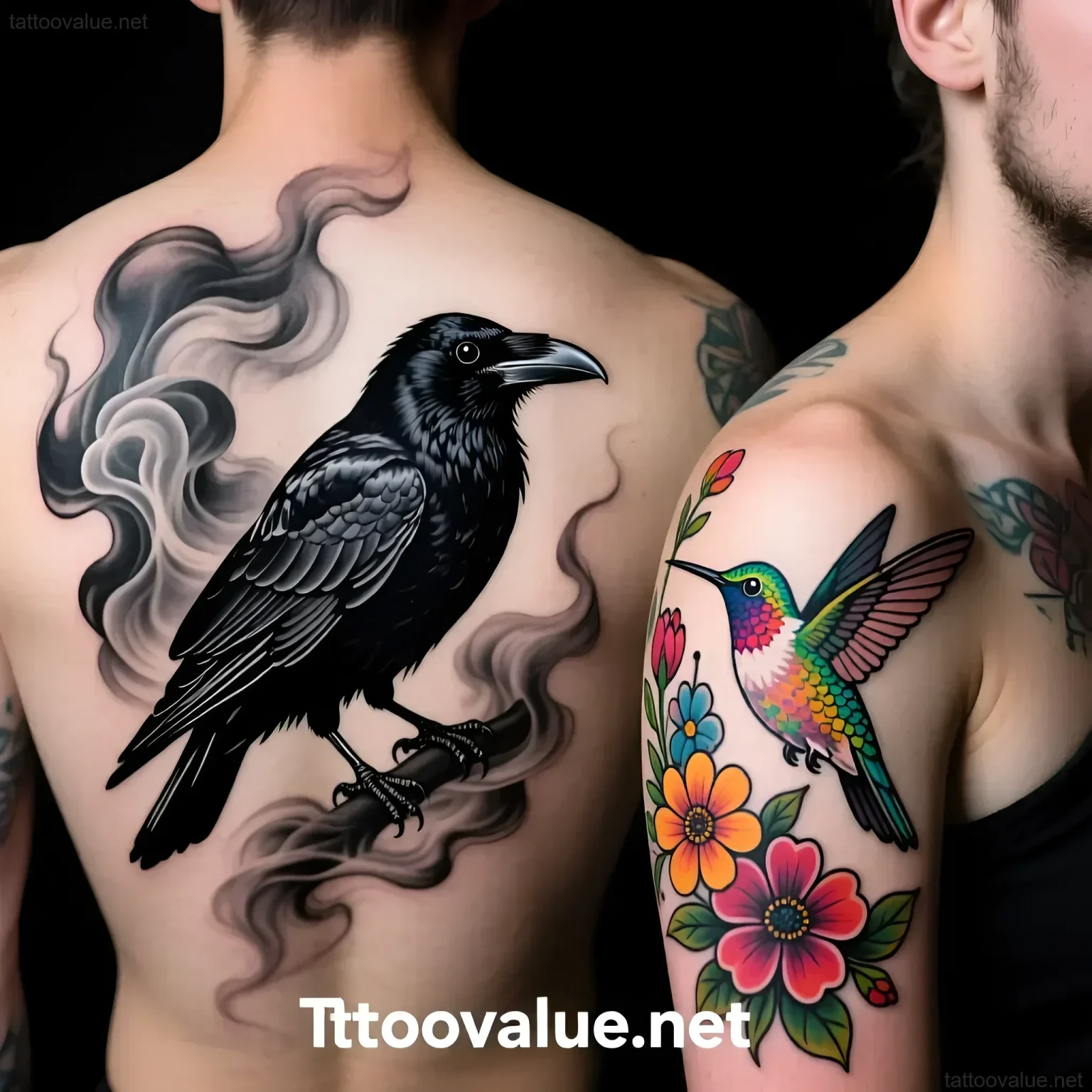Back and shoulder tattoo featuring a detailed black and grey raven emerging from smoke contrasted with a vibrant color hummingbird amongst flowers.
