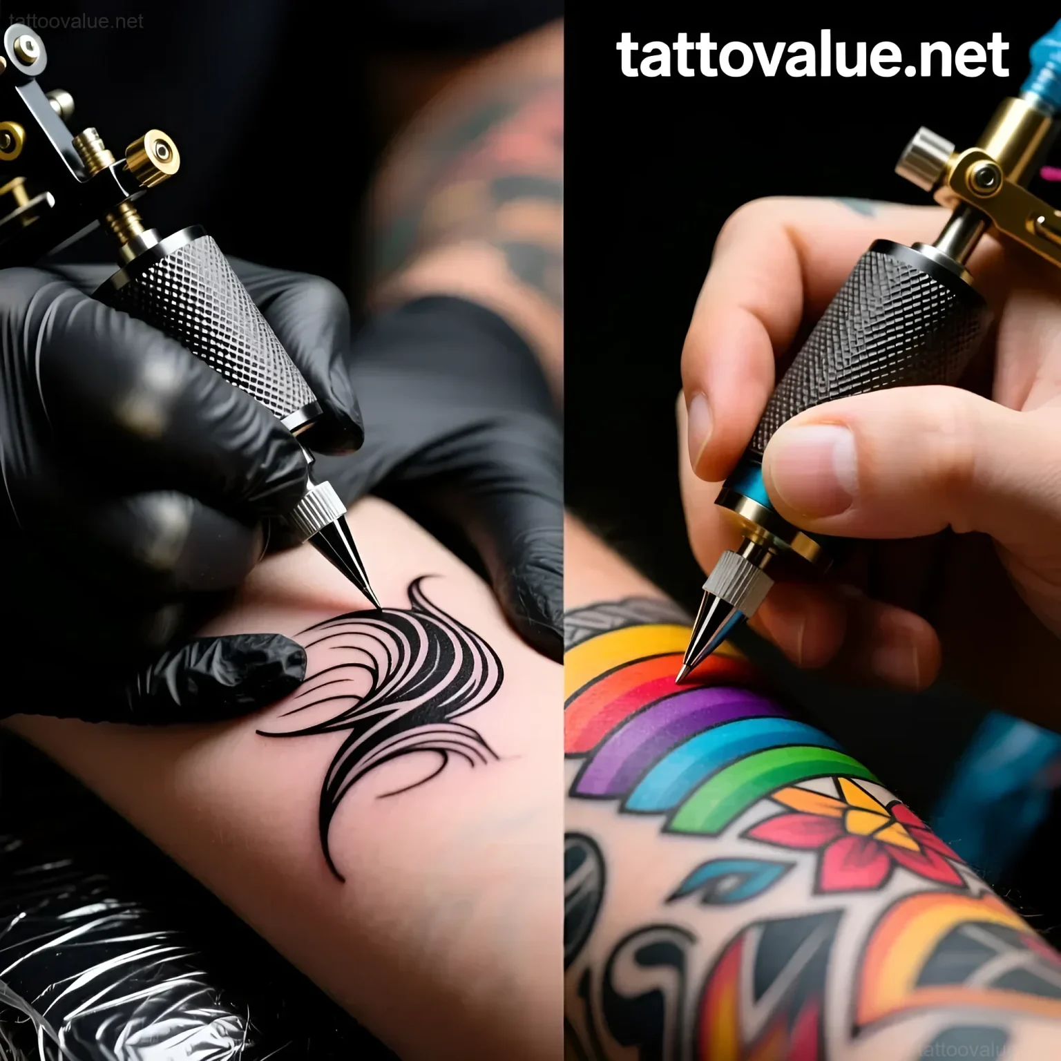 Close-up comparison of a black ink tattoo being applied on the left and a colorful rainbow tattoo being worked on, showcasing the different techniques.