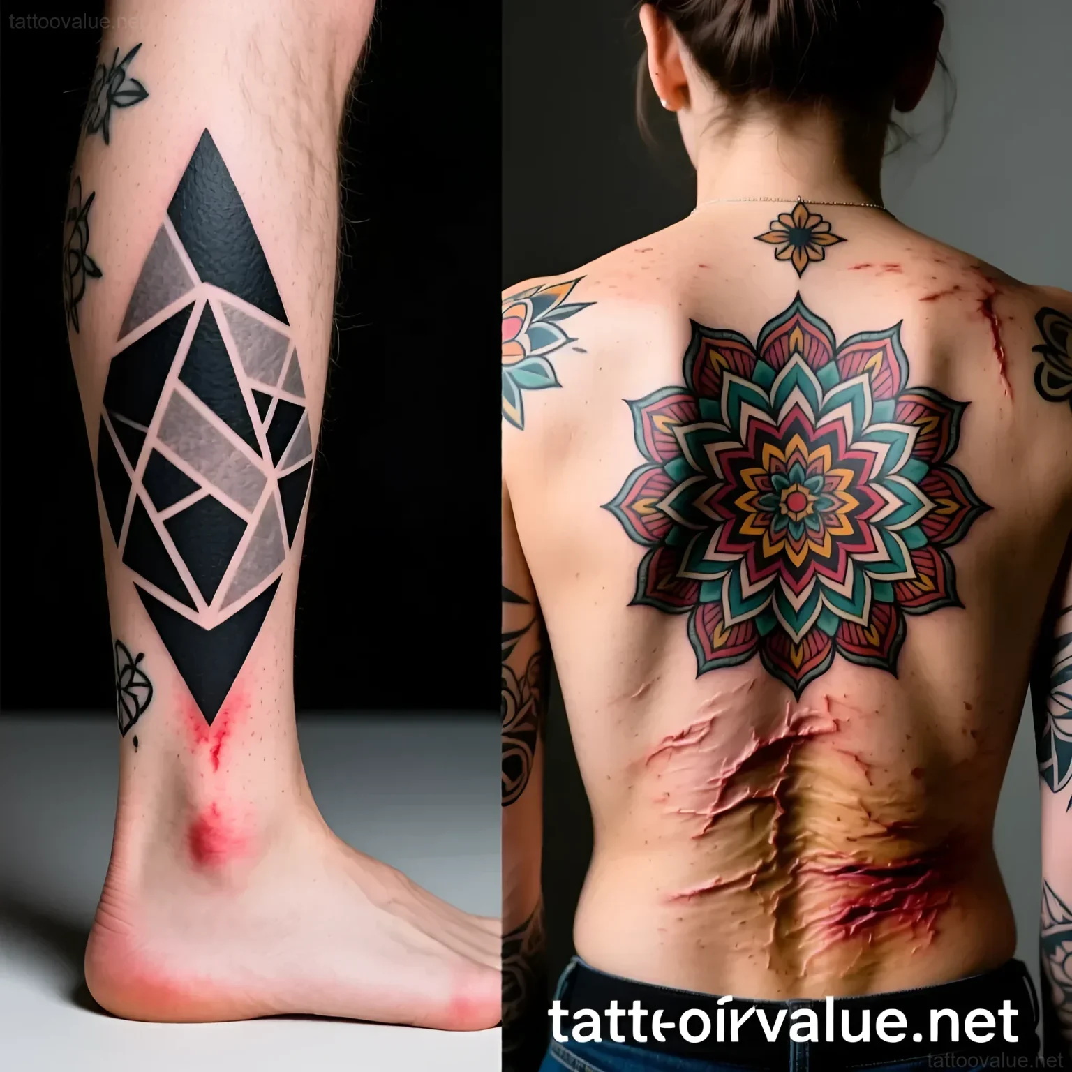 Split image showcasing a bold blackwork geometric calf tattoo alongside a colorful, detailed mandala back piece, illustrating the spectrum of tattoo styles.