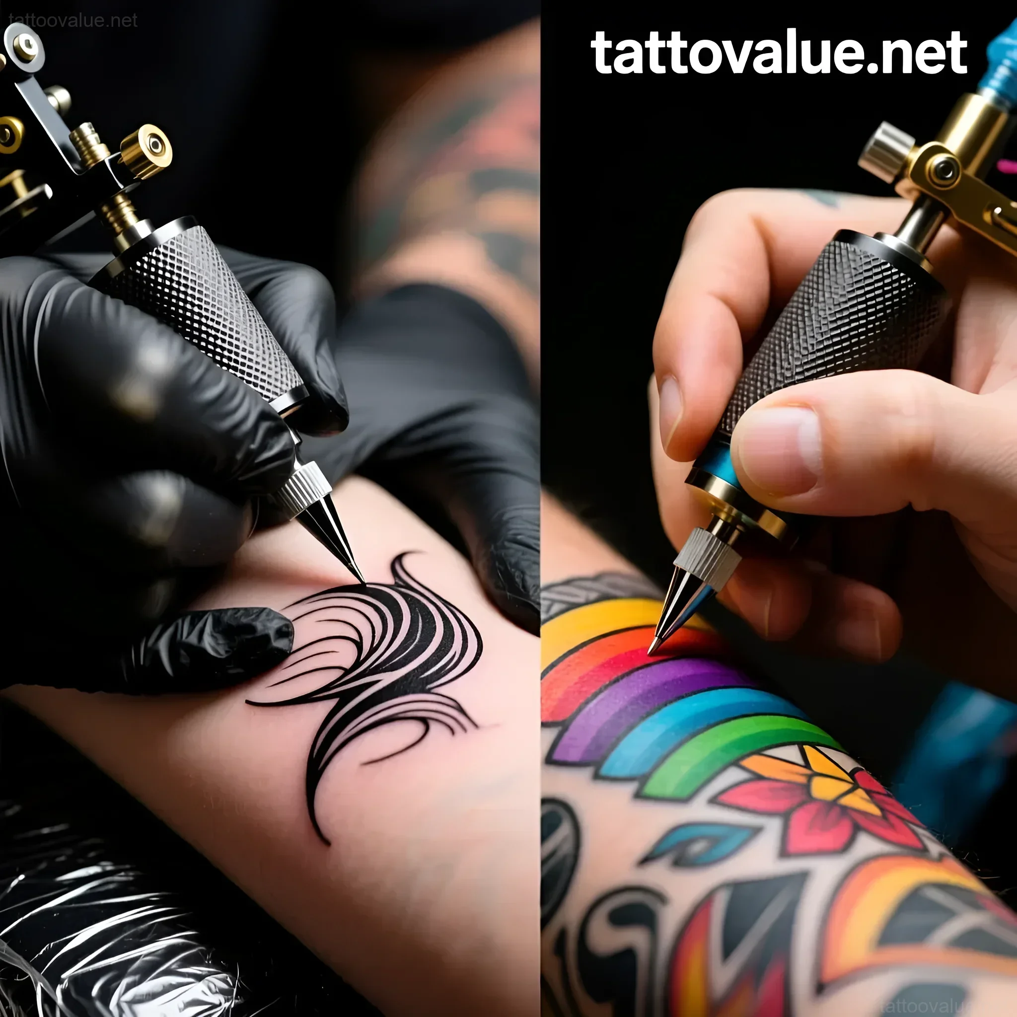 Close-up comparison of a black ink tattoo being applied on the left and a colorful rainbow tattoo being worked on, showcasing the different techniques.