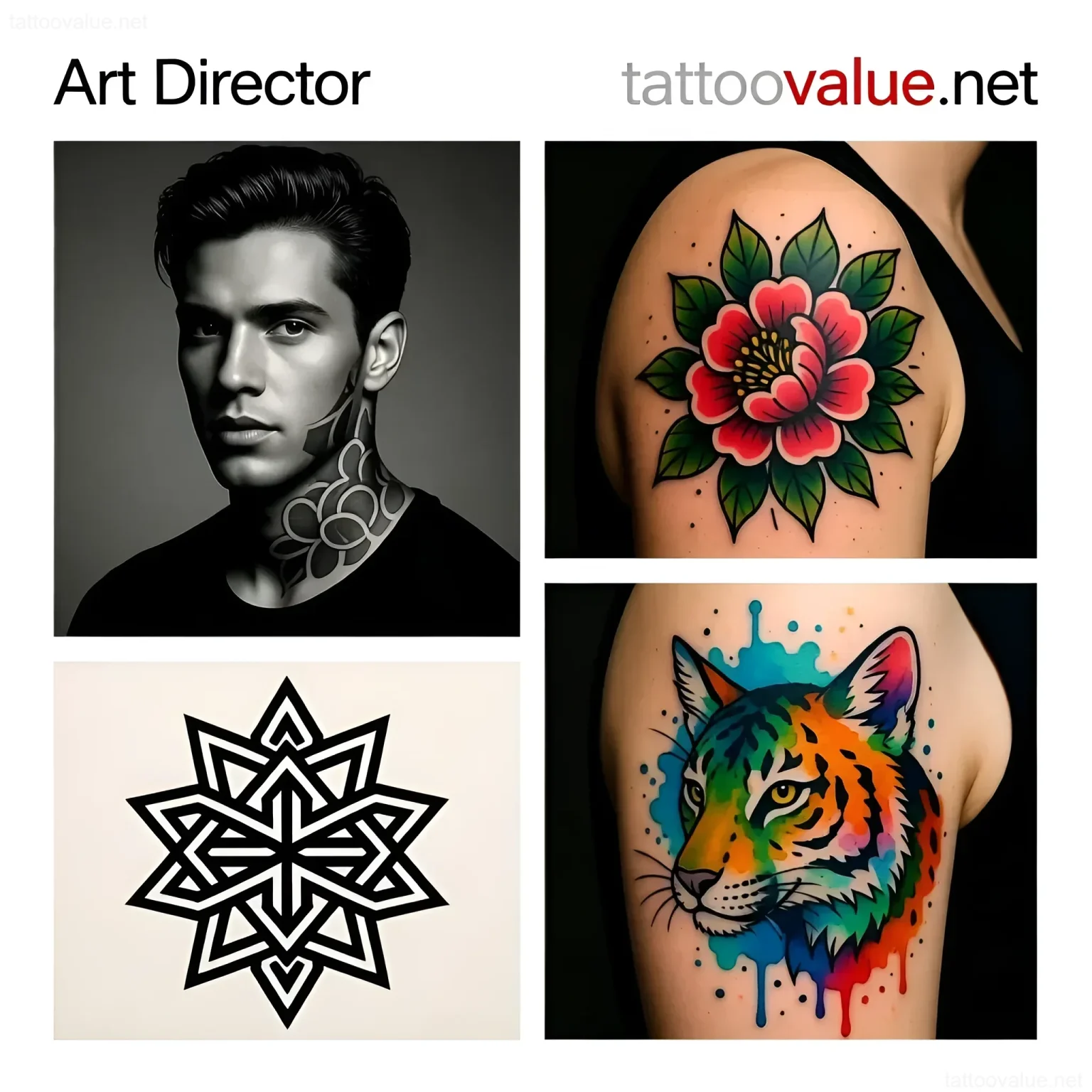 Collage showcasing diverse tattoo styles: a man with a traditional floral neck tattoo, a geometric blackwork design, and a vibrant watercolor tiger.