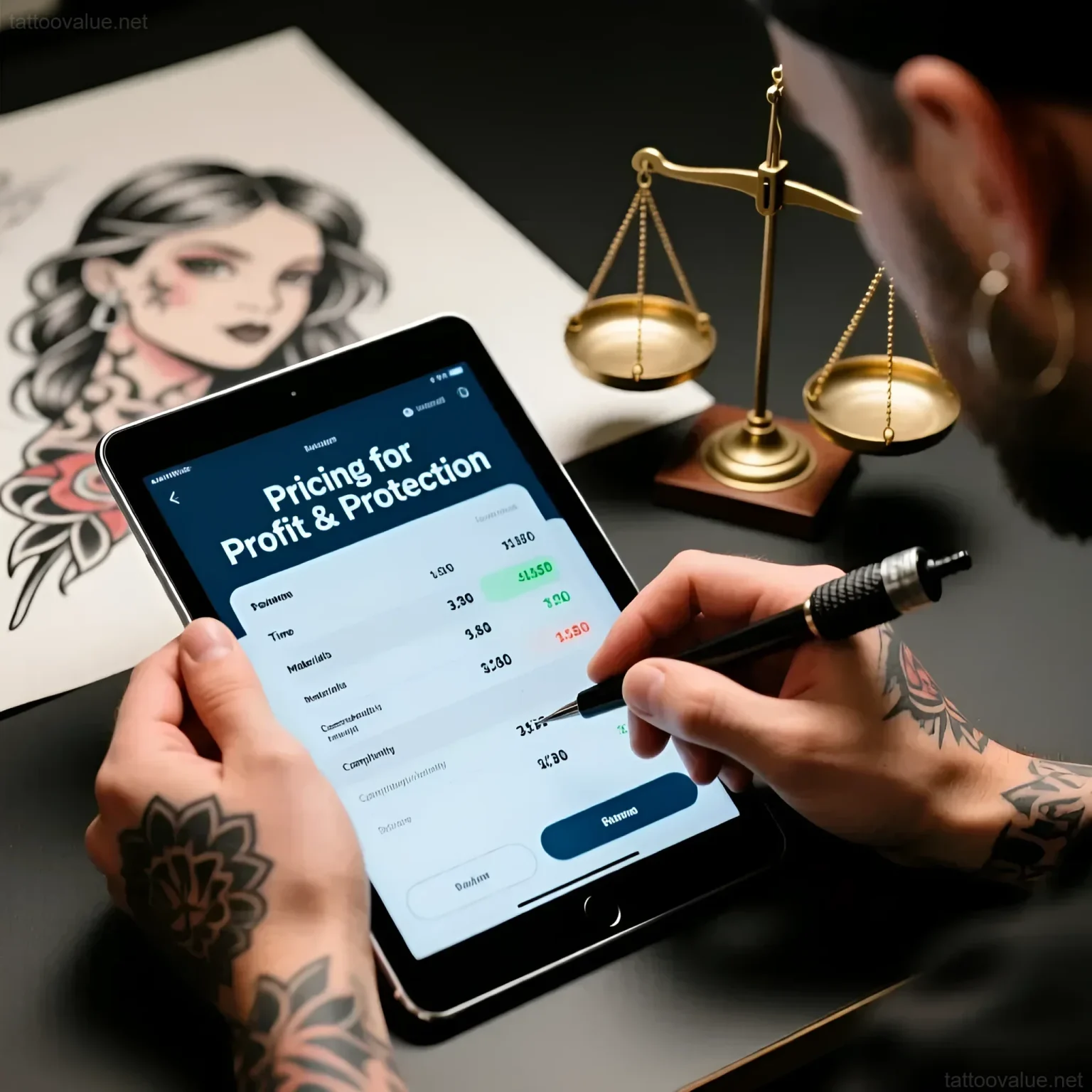 Close-up of hands holding a smartphone displaying tattoo pricing guidelines alongside antique scales and a tattoo machine, symbolizing the delicate balance between artistic expression and financial sustainability.