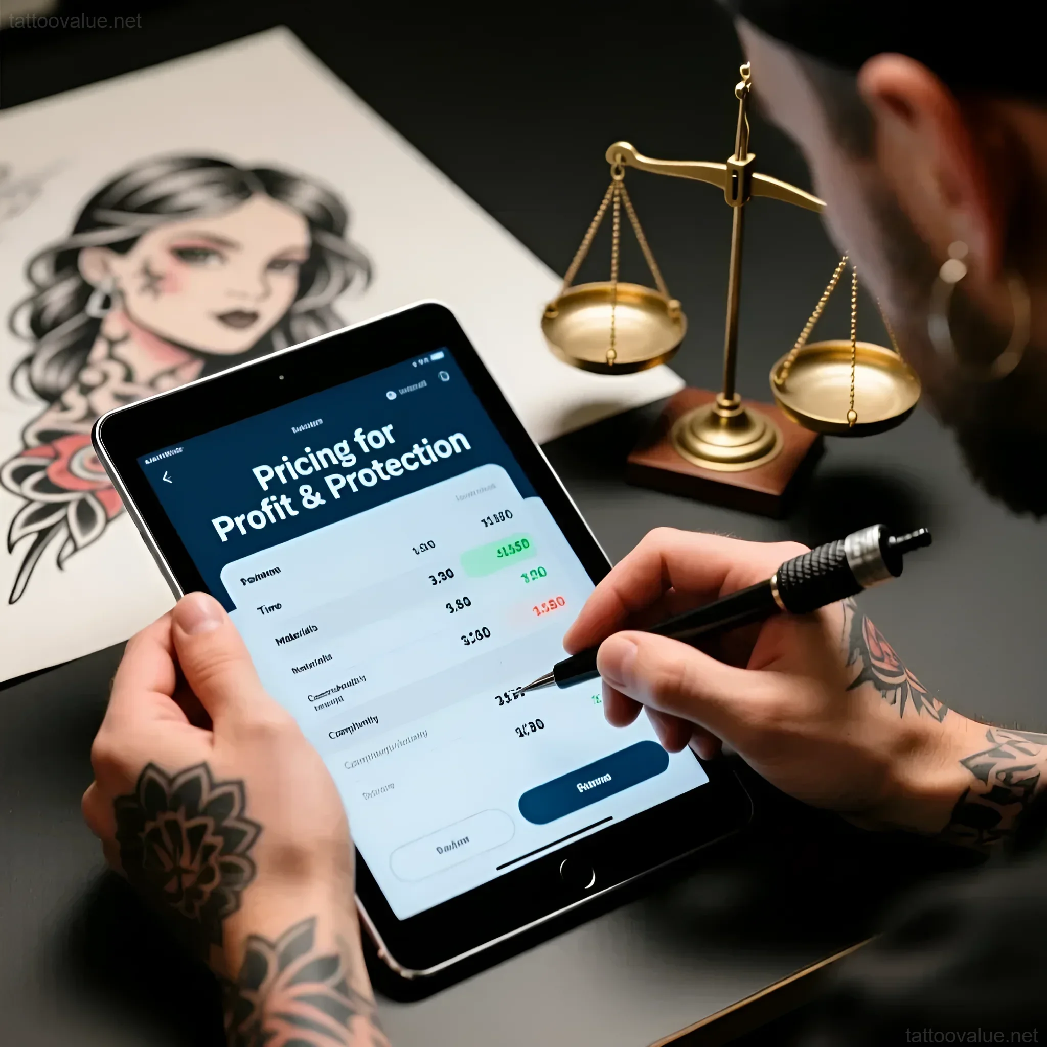 Close-up of hands holding a smartphone displaying tattoo pricing guidelines alongside antique scales and a tattoo machine, symbolizing the delicate balance between artistic expression and financial sustainability.