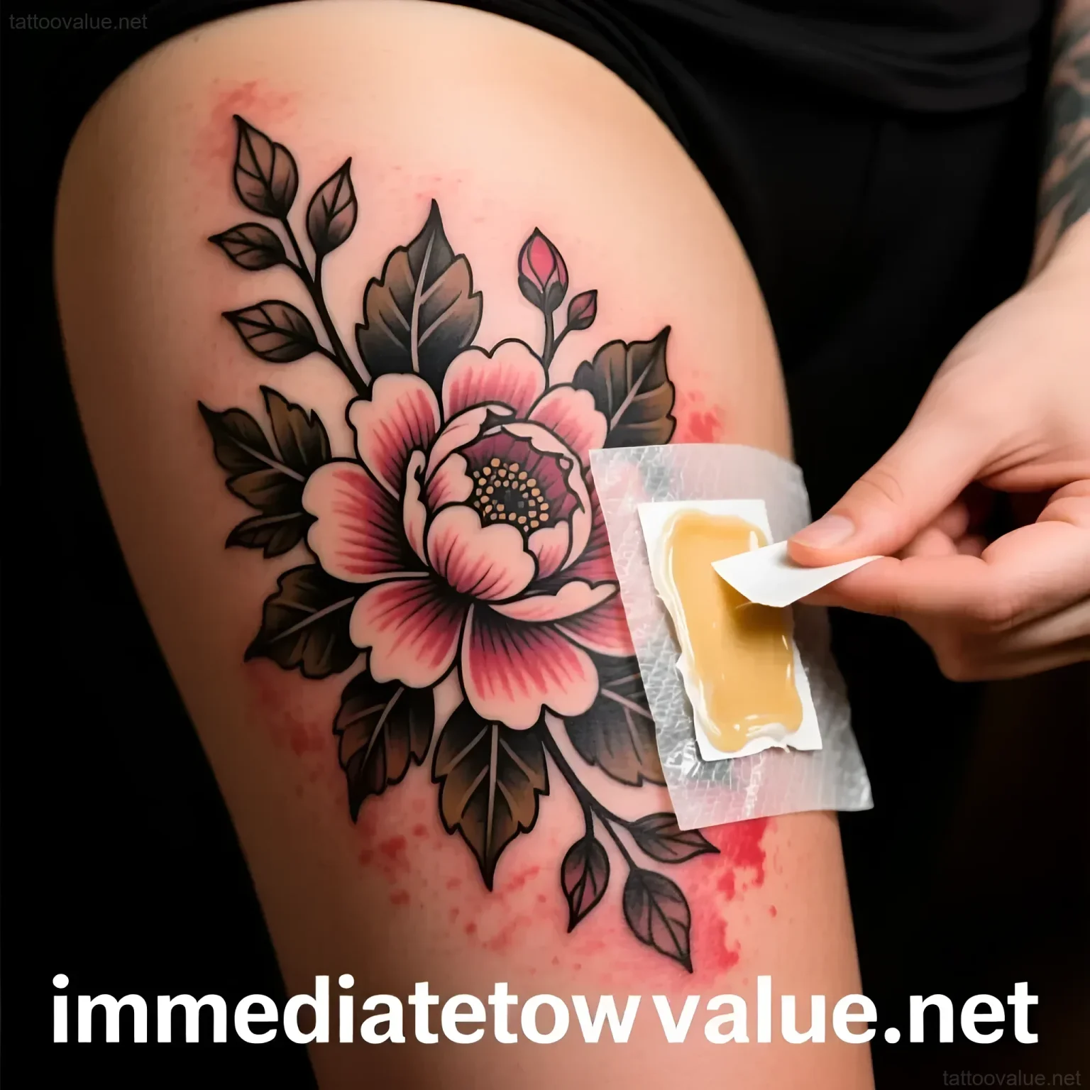 Close-up of a freshly bandaged neo-traditional peony tattoo on a thigh, showcasing vibrant pinks and strong black outlines.