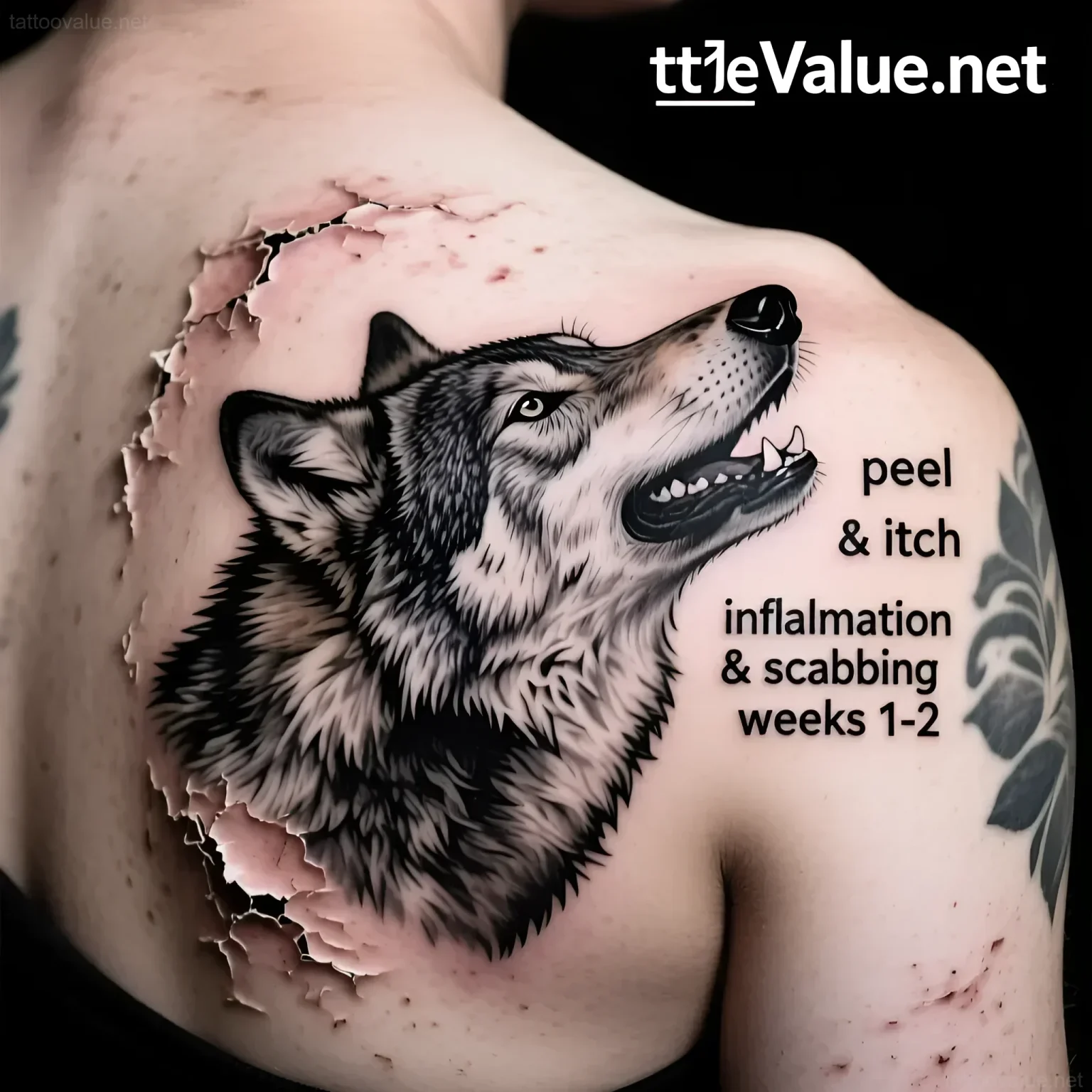 Black and grey realism wolf head tattoo bursting through skin, showcasing early stages of tattoo healing with peeling and scabbing.