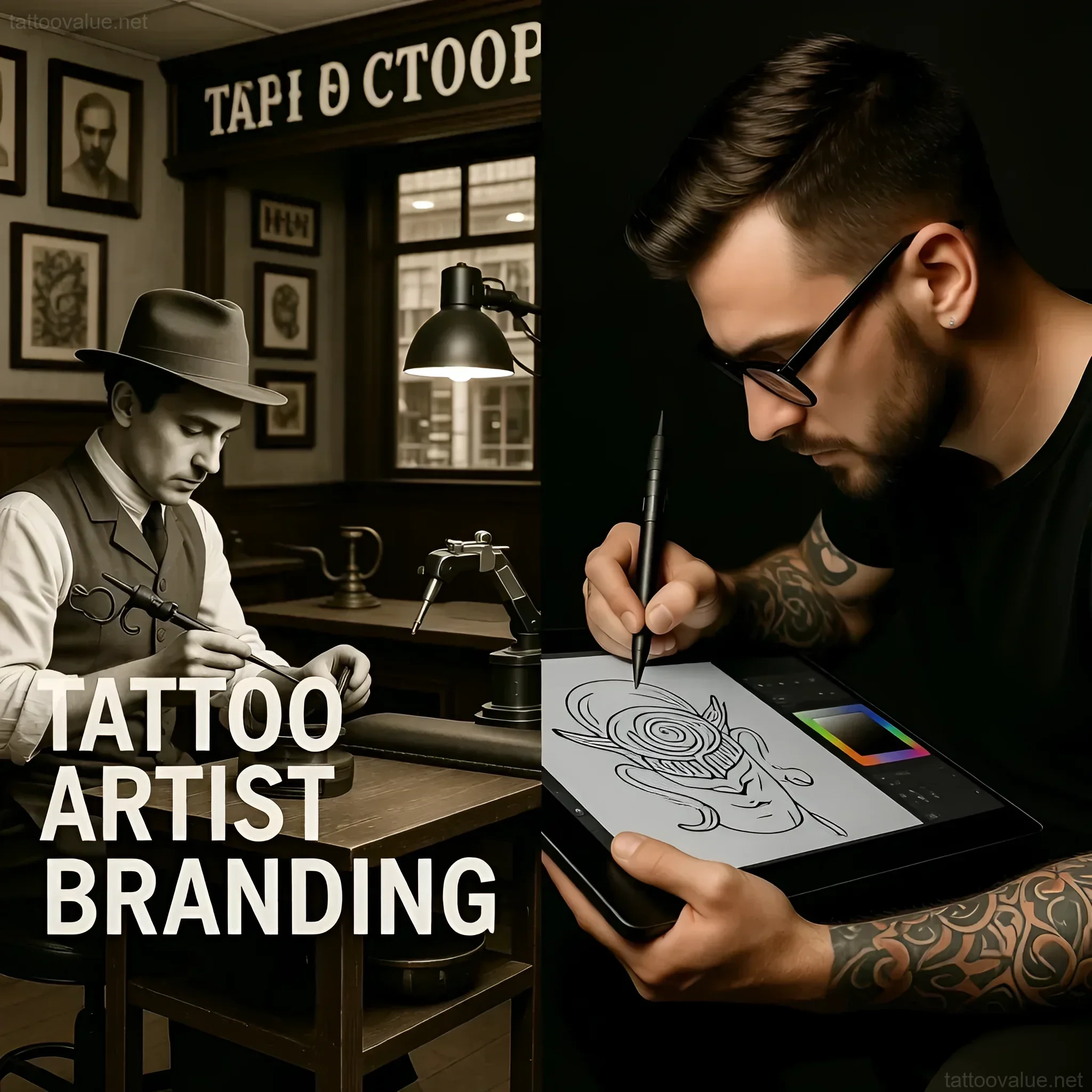 Digital illustration depicting a modern tattoo artist designing on a tablet, juxtaposed with a vintage tattoo parlor scene and portrait.