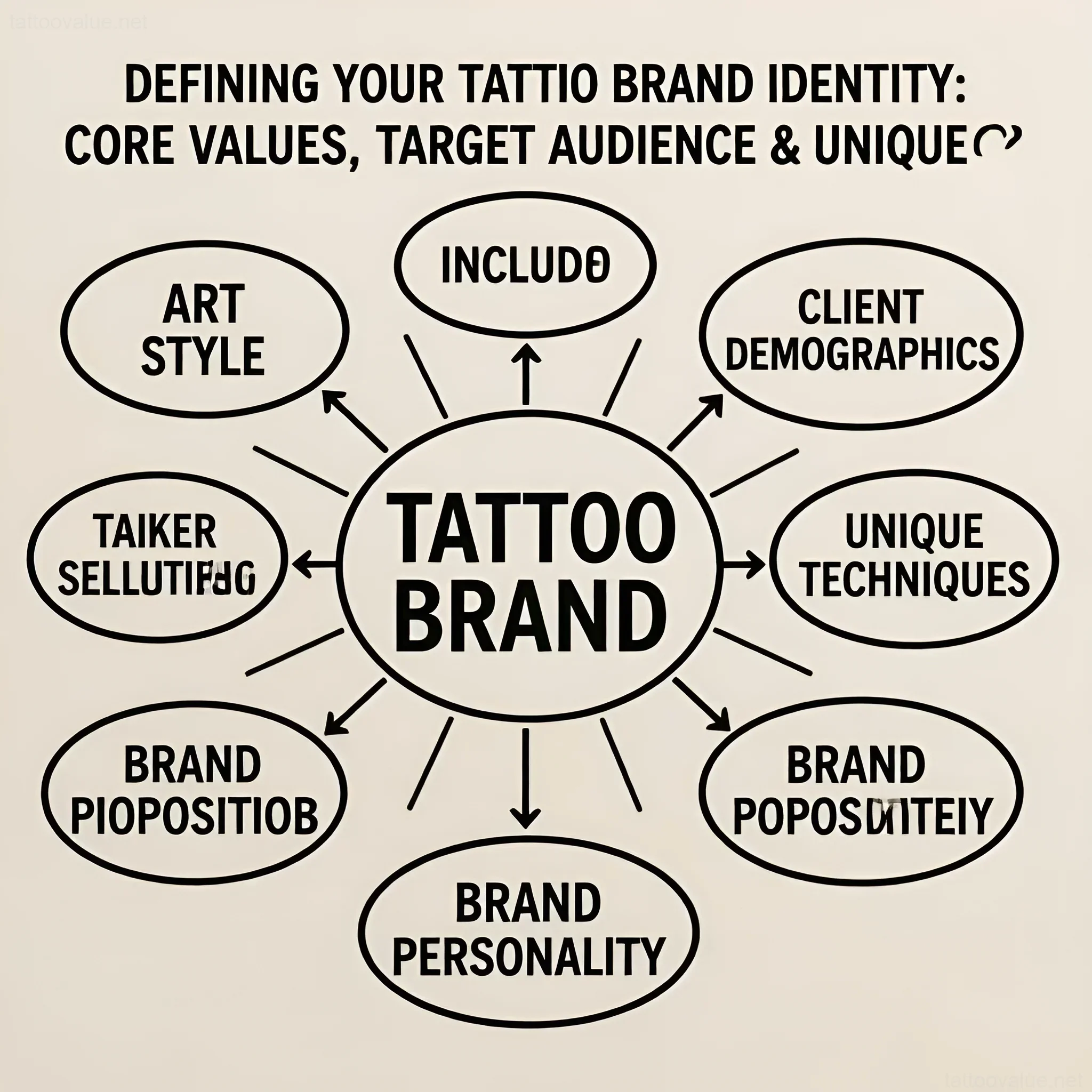 Infographic illustrating the core components of a successful tattoo brand identity – art style, target audience, unique techniques, and brand personality.