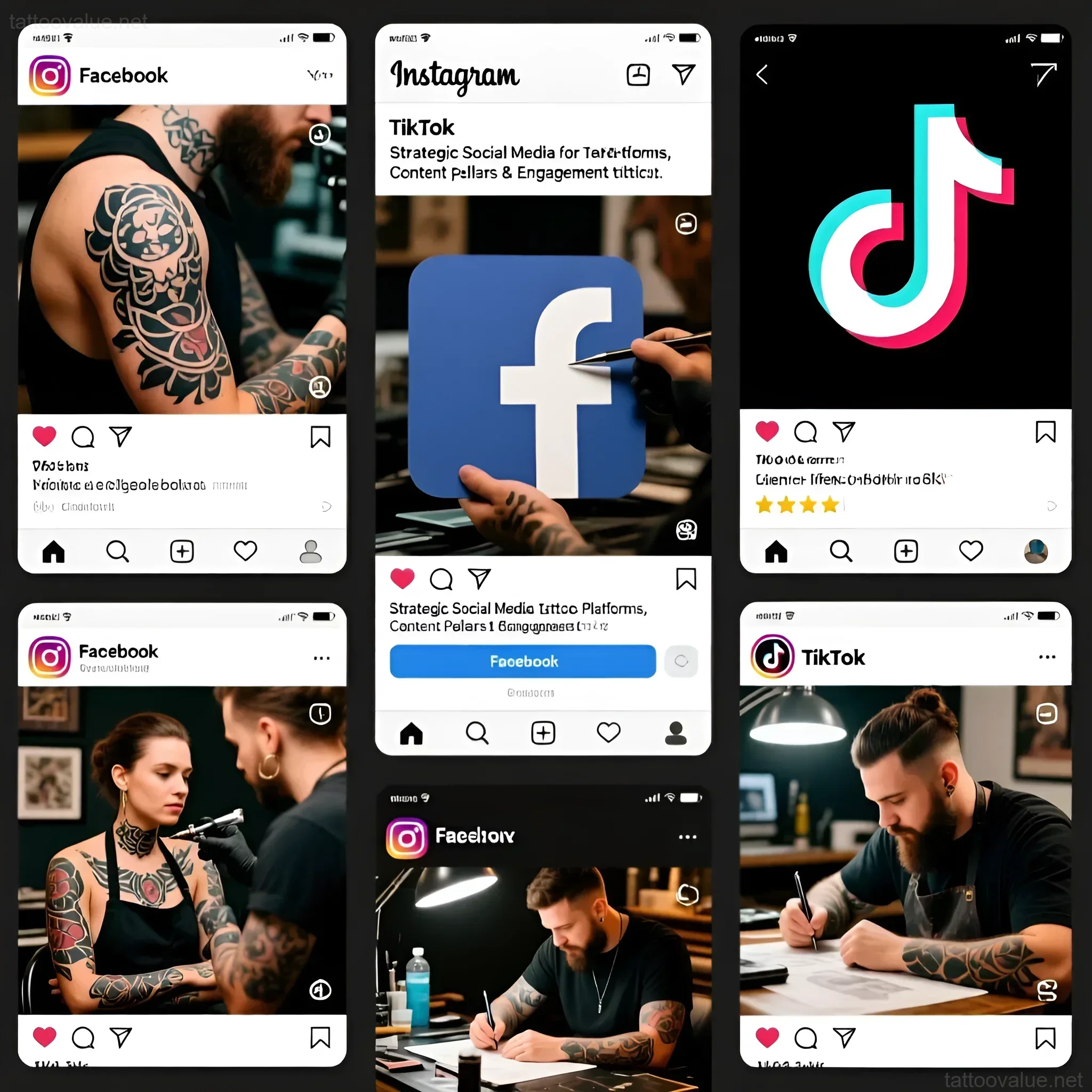 Collage showcasing effective social media strategies for tattoo artists, featuring screenshots of Facebook, Instagram, and TikTok interfaces with engaging content examples.