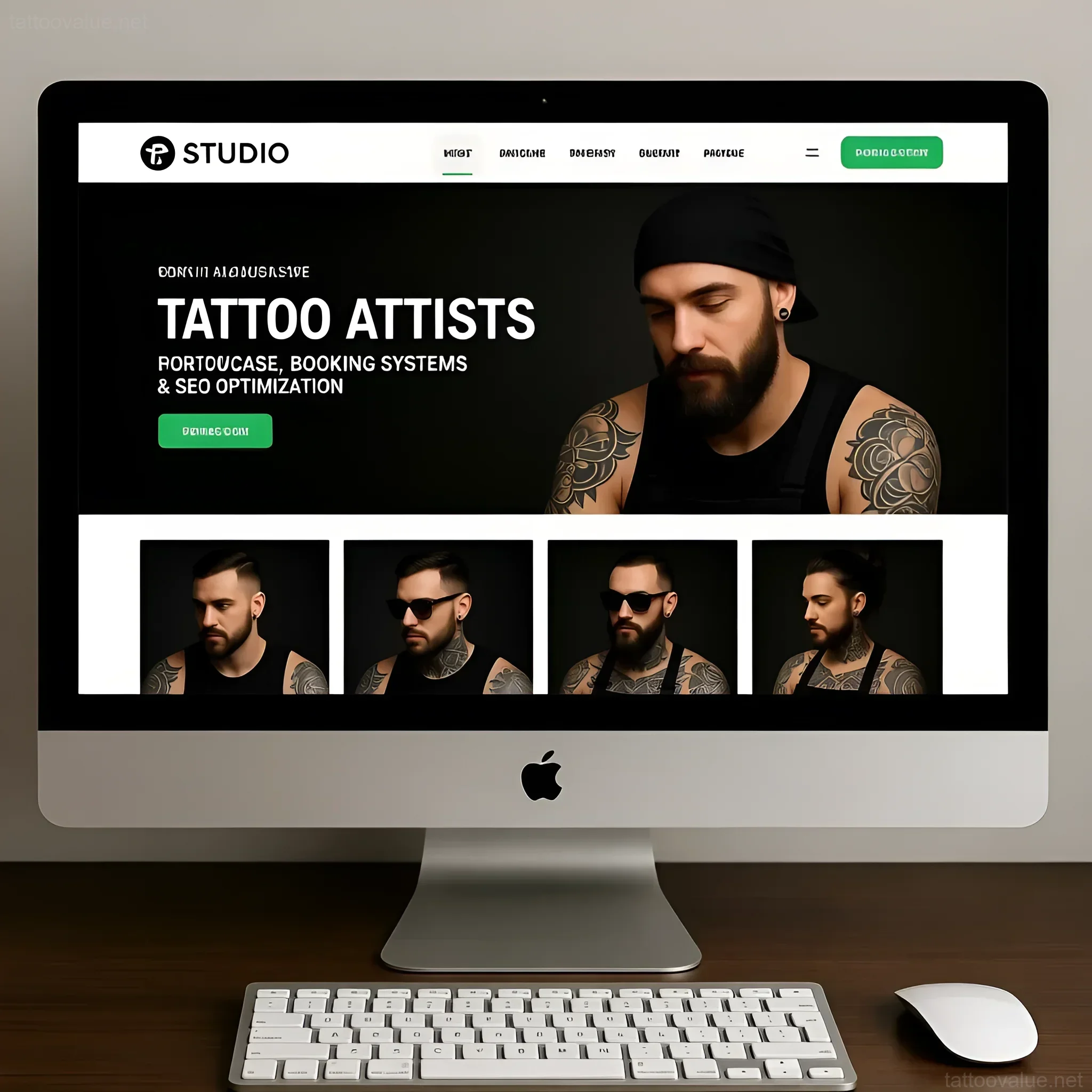 Mockup of a modern tattoo studio website featuring a portfolio gallery and call-to-action for booking appointments.