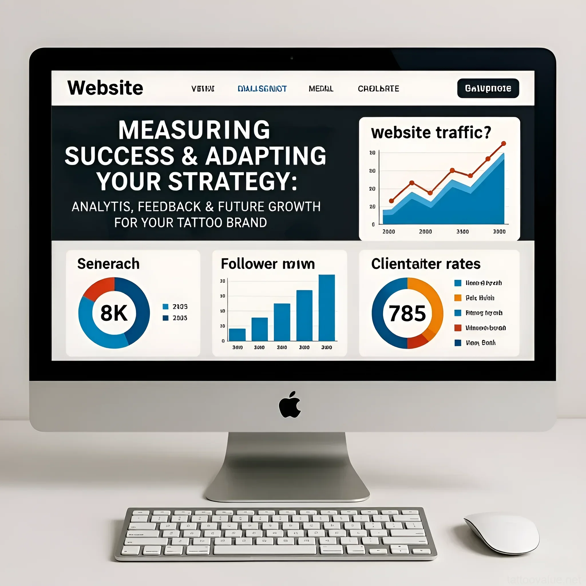 Mockup of a computer screen displaying analytics dashboards for a tattoo artist's online brand, showing website traffic, follower growth, and client rates.