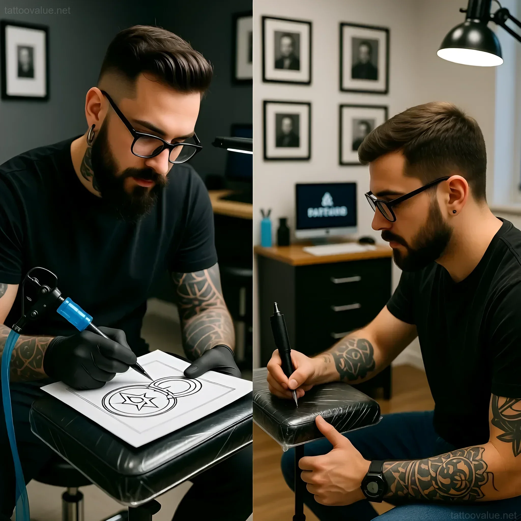 Close-up of a focused tattoo artist meticulously sketching a geometric design with a rotary machine, showcasing skill and dedication.