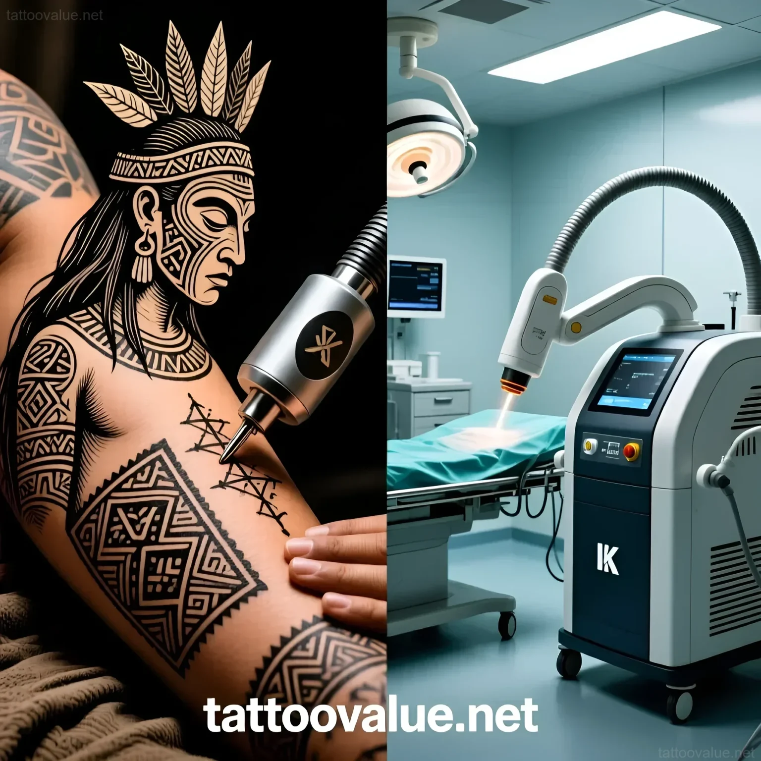 Split image showing a detailed tribal tattoo being applied on a muscular arm contrasted with a modern laser tattoo removal machine in a sterile clinic setting.