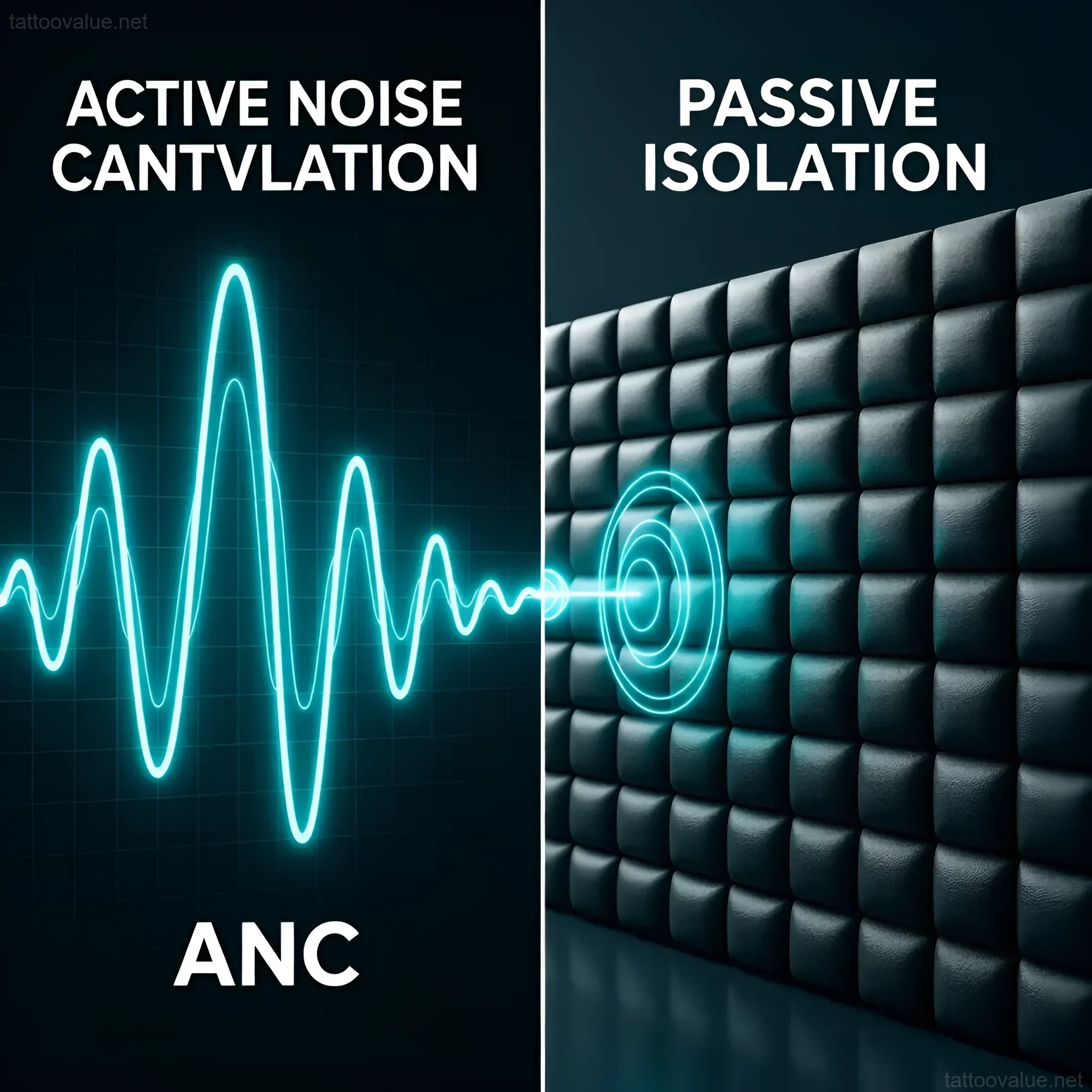 Visual comparison of Active Noise Cancellation (ANC) waveform versus Passive Isolation's sound-dampening texture.
