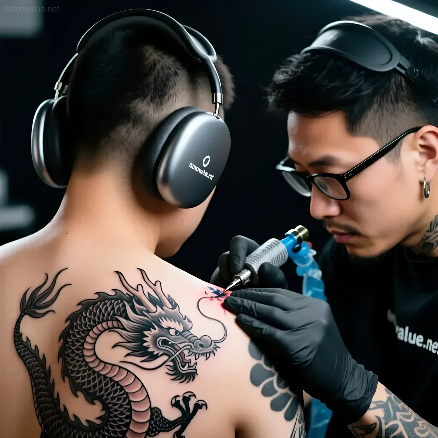 Close-up of a black and grey dragon tattoo being applied to a client's back, showcasing intricate scale detail and the artist's focused concentration.