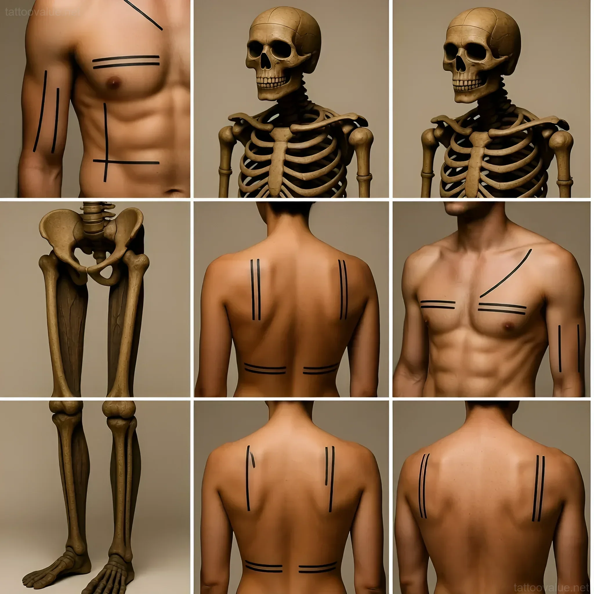 Reconstruction showing the placement of linear tattoos on the body of Ötzi the Iceman, a well-preserved natural mummy from the Copper Age.