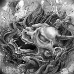 Intricate black and grey tattoo of an Oni mask screaming amidst swirling waves and smoke. Japanese style with detailed linework.