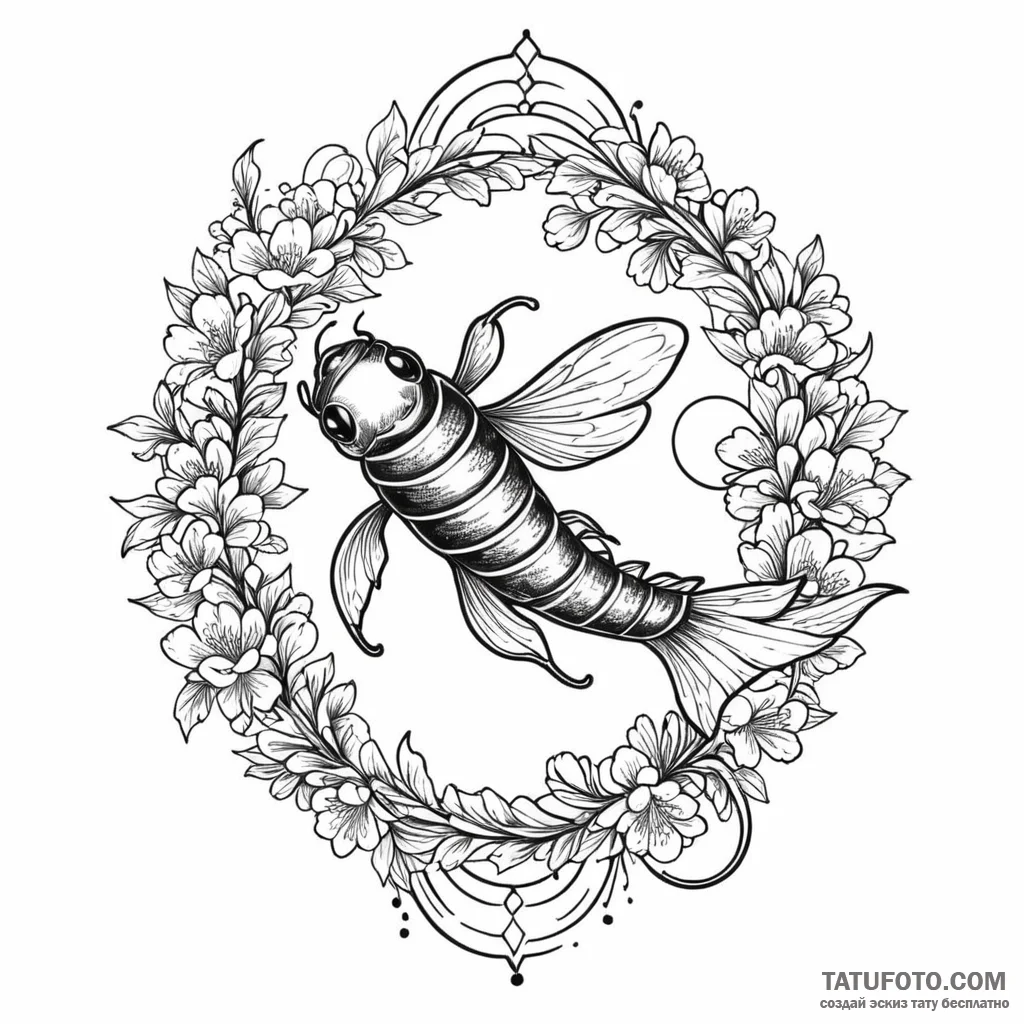 Bee, artistic tattoo sketch, black outline on... - tattoo sketch (№1751045072_0, 27.06.2025 17:24) — tattoovalue.net