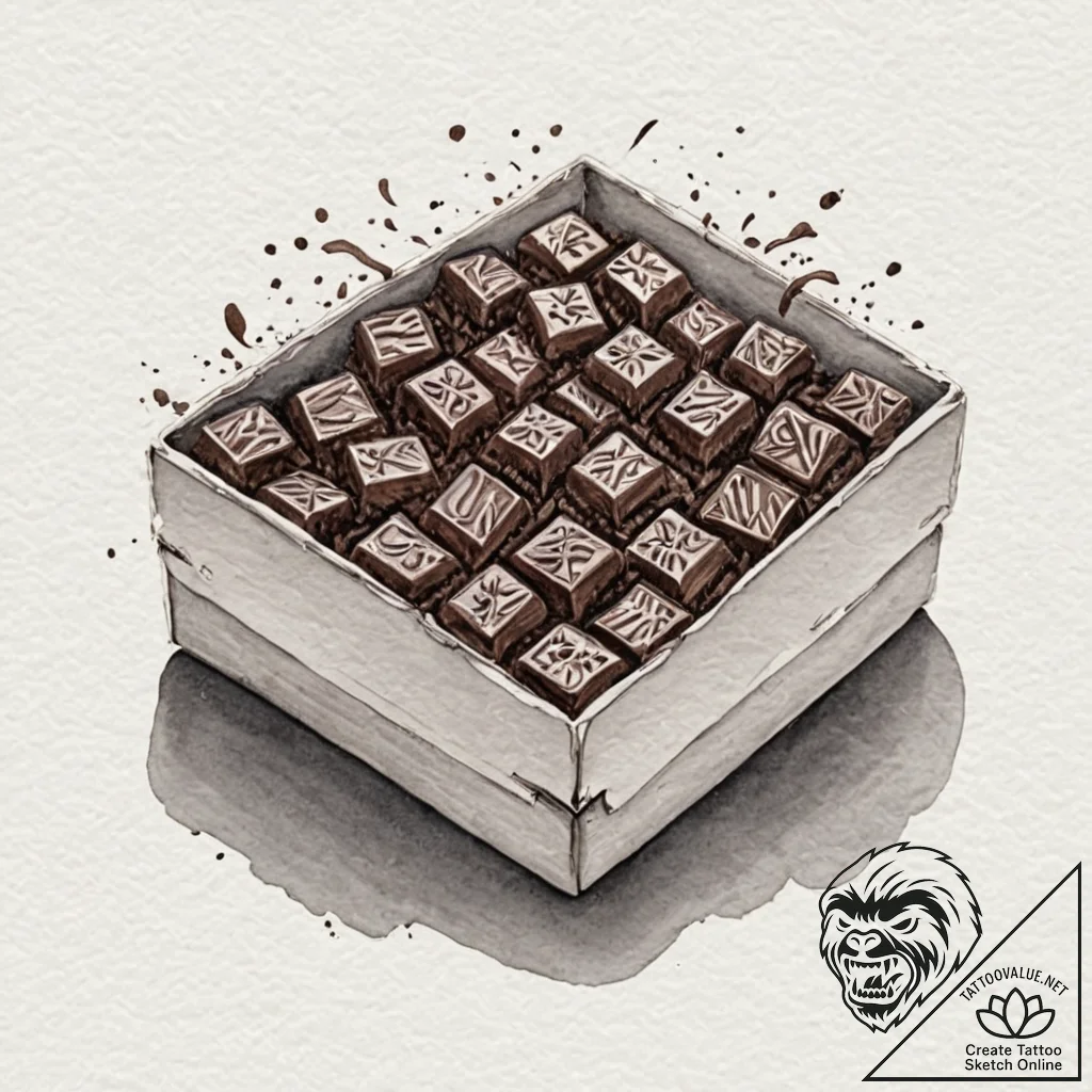 A minimalist tattoo of a box of chocolates fr... - tattoo sketch (№1751047760_0, 27.06.2025 18:09) — tattoovalue.net