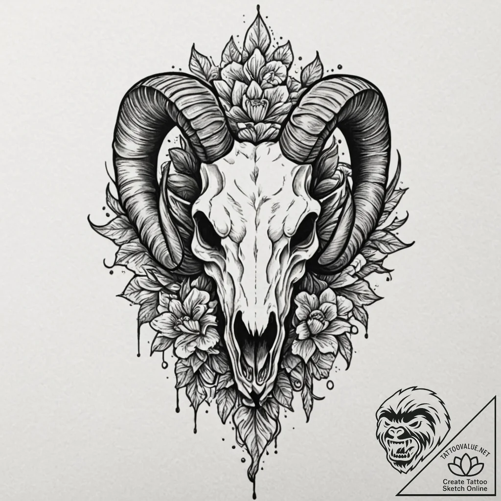 Goat skull, tattoo flash sheet design, profes... - tattoo sketch (№1751048501_0, 27.06.2025 18:21) — tattoovalue.net