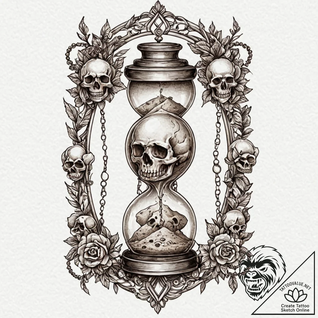 Hourglass with skulls instead of sand, tattoo... - tattoo sketch (№1751048721_0, 27.06.2025 18:25) — tattoovalue.net
