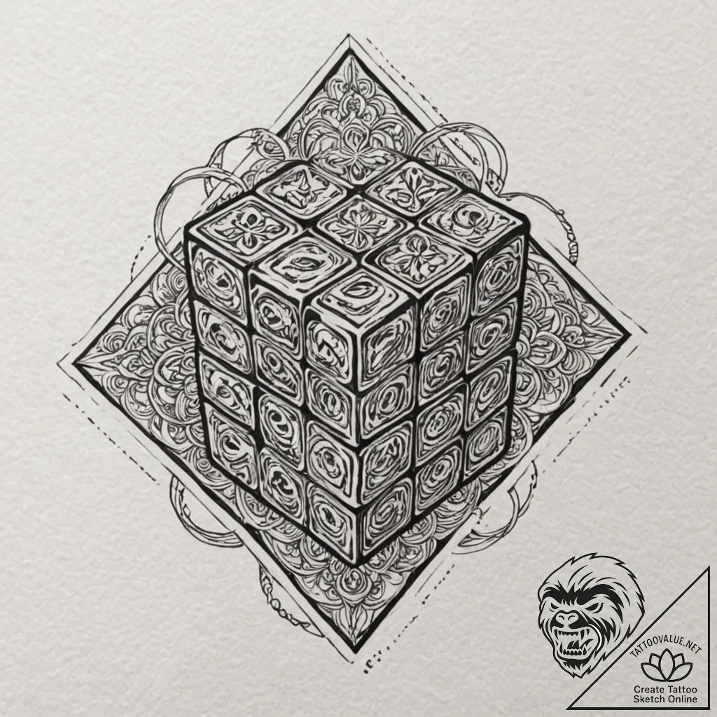 Rubik's cube, tattoo line art, neo traditiona... - tattoo sketch (№1751050718_0, 27.06.2025 18:58) — tattoovalue.net
