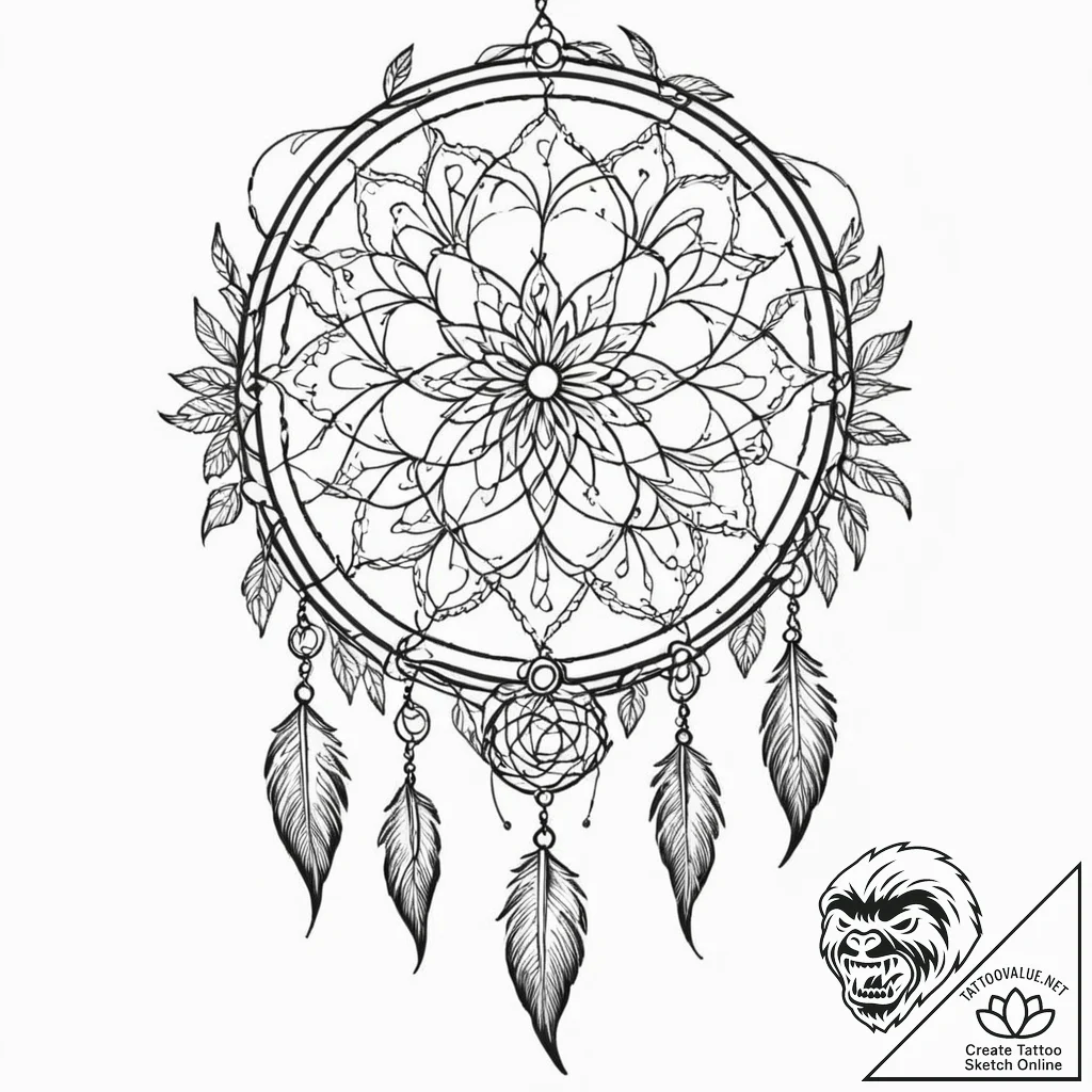 Dreamcatcher, tattoo drawing outline, clear i... - tattoo sketch (№1751053052_0, 27.06.2025 19:37) — tattoovalue.net