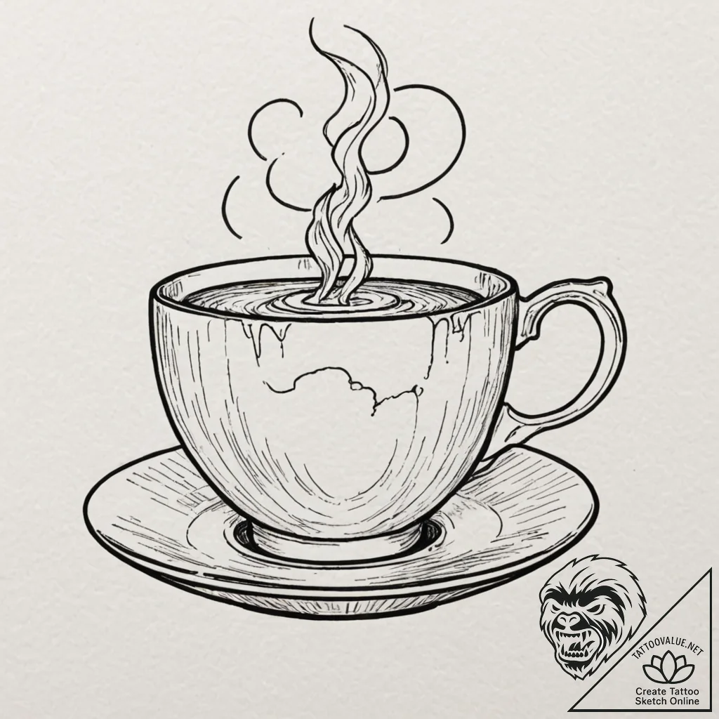 A teacup with a storm inside, tattoo line art... - tattoo sketch (№1751053269_0, 27.06.2025 19:41) — tattoovalue.net