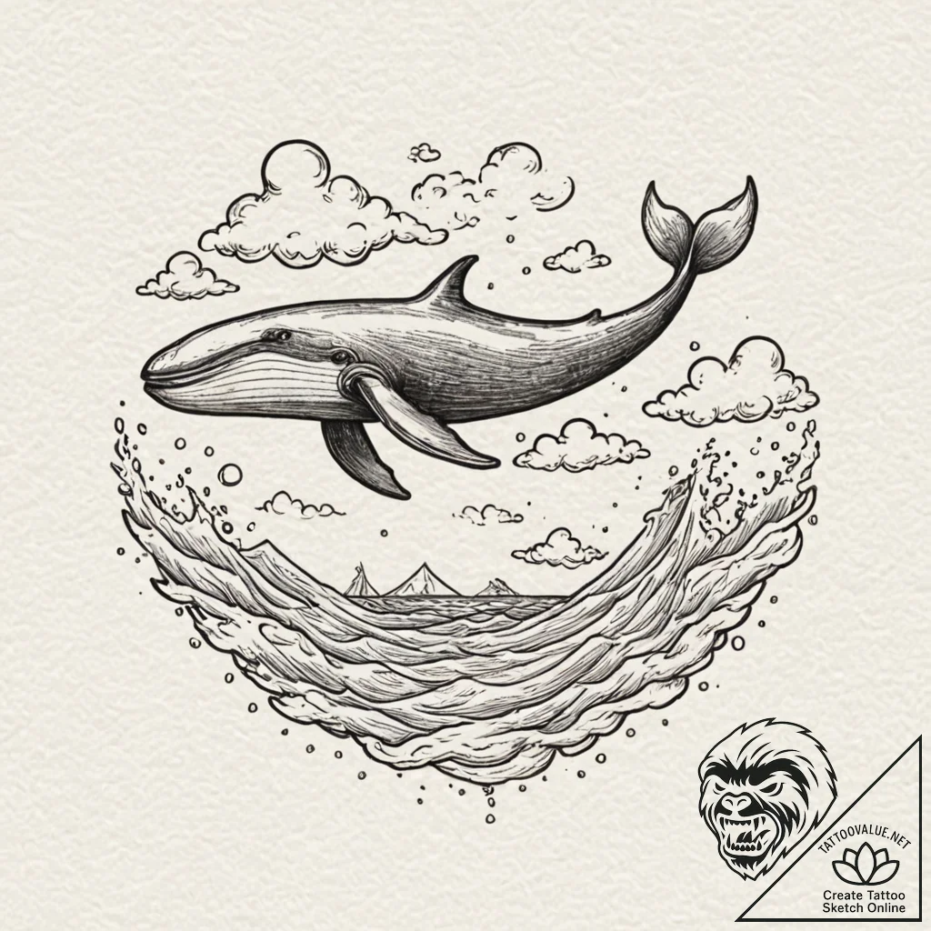 A whale swimming through clouds, tattoo flash... - tattoo sketch (№1751054099_0, 27.06.2025 19:54) — tattoovalue.net