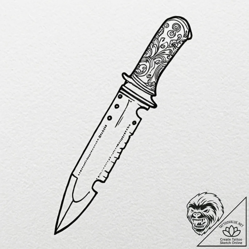 Knife, ink illustration for tattoo, clean lin... - tattoo sketch (№1751054875_0, 27.06.2025 20:07) — tattoovalue.net